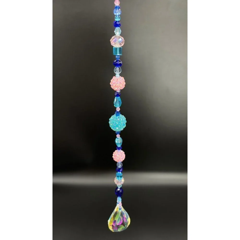 Beaded Suncatcher - Blue Pink - Clear Crystal Prism - Hanging Decor Yard Art